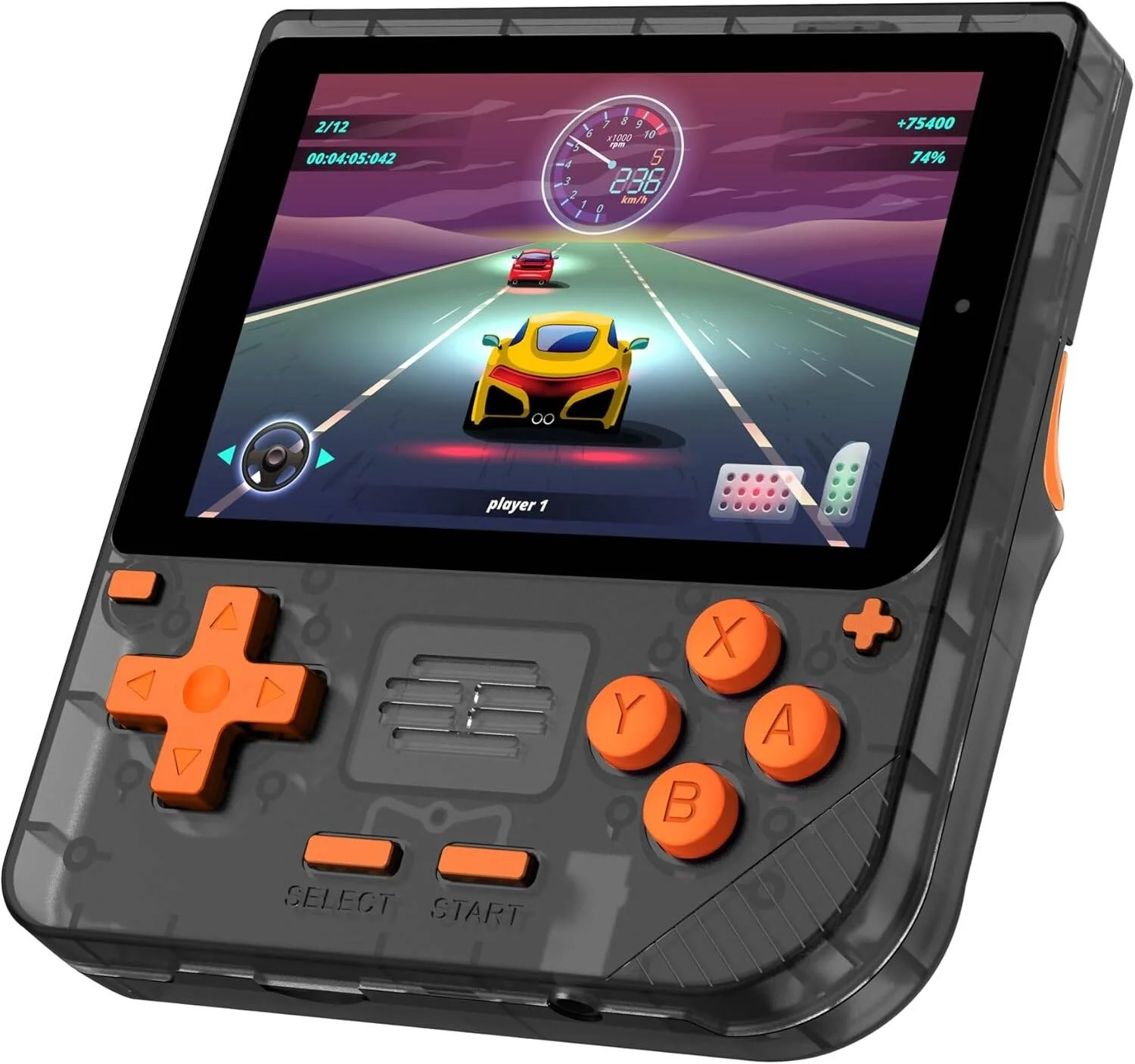 کنسول بازی آرکید رترو Porodo با صفحه نمایش 3.5 اینچی IPS، باتری 3000 میلی آمپر، پردازنده چهار هسته ای، 1 گیگابایت رم، +5000 بازی داخلی، 6 ساعت زمان بازی، طراحی ارگونومیک، کارت TF 64 گیگابایتی، مشکی/نارنجی