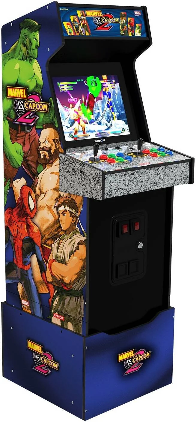 دستگاه بازی آرکید Marvel vs Capcom 2 Arcade1Up، حجم قابل تنظیم، محافظ عرشه شفاف، بند ضد واژگونی، تابلوی روشن، شامل 8 بازی کلاسیک | A1UP-MVC2-AM