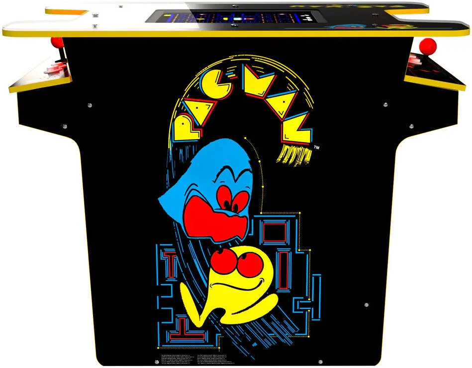 میز آرکید رو در رو Pac-Man از Arcade1Up، صفحه نمایش رنگی 17 اینچی LCD، دو پنل کنترل، 1 بلندگو در هر طرف، 2 محافظ عرشه شفاف، سطح بالایی محافظ شفاف، تنظیم صدا | A1UP-PMHTHT