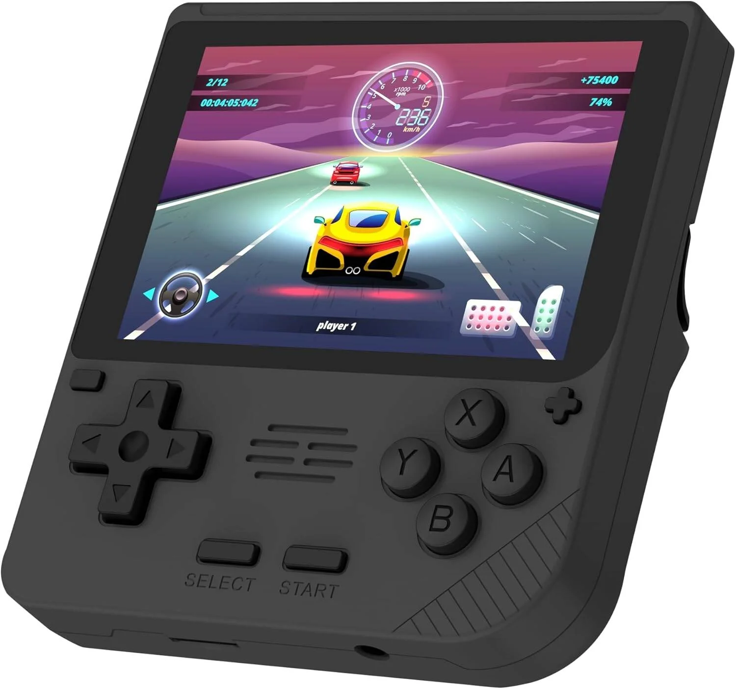 کنسول بازی رترو Porodo Gaming با صفحه نمایش 3.5 اینچی IPS، باتری 3000mAh، پردازنده چهار هسته ای، 1 گیگابایت رم، سه بعدی، +5000 بازی داخلی، 6 ساعت زمان بازی، کارت TF 64 گیگابایتی - مشکی