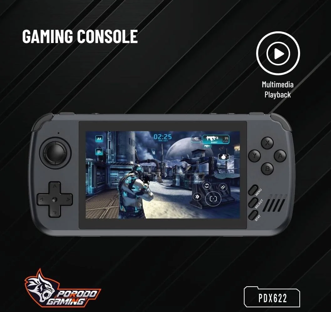 کنسول بازی چندرسانه ای و قابل حمل Porodo با بیش از ۵۰۰۰ بازی ویدیویی، صفحه نمایش ۴.۵ اینچی، خروجی HDMI و حافظه ۶۴ گیگابایتی، پشتیبانی از CPS, FBA, FC, GB, GBA, PS + قابلیت دانلود بازی