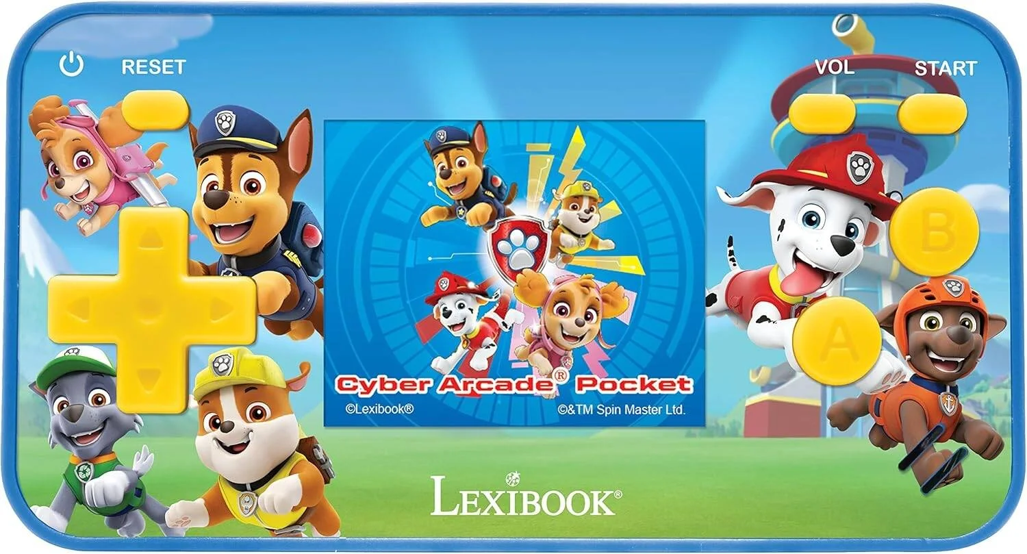 کنسول بازی قابل حمل Lexibook Paw Patrol Chase Cyber Arcade Pocket، 150 بازی، صفحه نمایش LCD، با باتری کار می کند، قرمز/آبی، JL1895PA