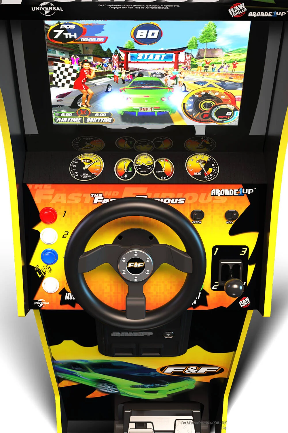 دستگاه بازی آرکید دِ فست اند دِ فیوریس دلوکس Arcade1Up، مانیتور LCD واضح ۱۷ اینچی، درب سکه جعلی قالب‌گیری شده، فرمان مسابقه با لرزش، پدال‌های گاز و ترمز، شیفتر ۴ سرعته | 68492