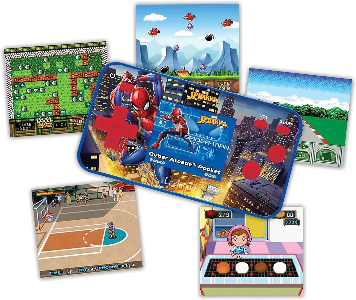 کنسول بازی جیبی قابل حمل لکسی بوک مرد عنکبوتی سایبر آرکید با 150 بازی صفحه نمایش ال سی دی با باتری قرمز/آبی مدل JL1895SP