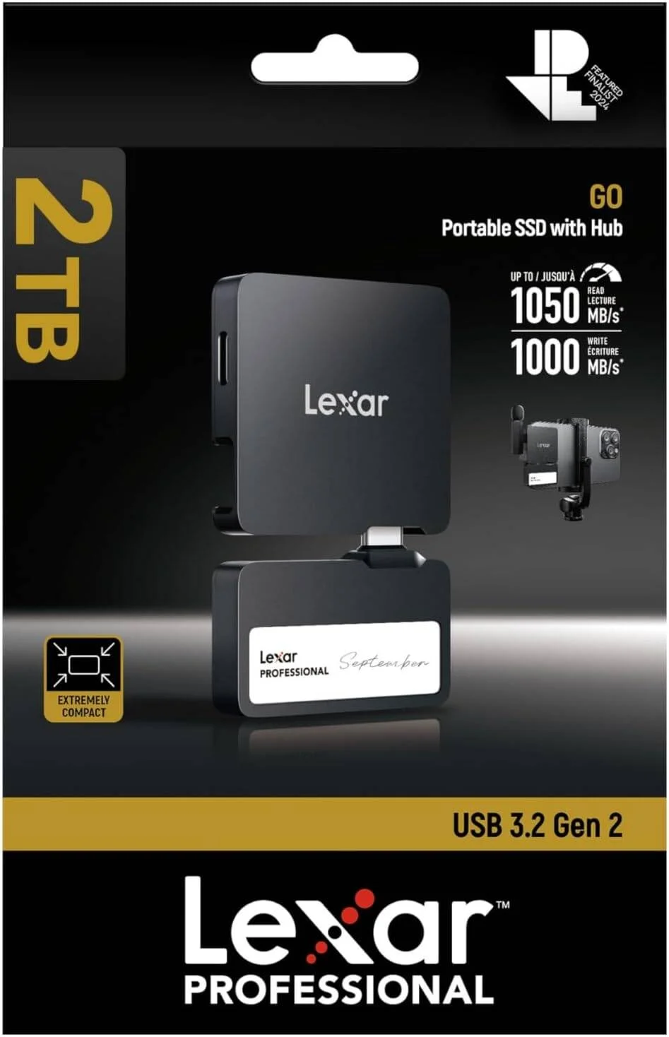 حافظه اس اس دی اکسترنال قابل حمل لکسار پروفشنال Go با هاب، فوق العاده جمع و جور، پشتیبانی از Apple ProRes، سرعت خواندن تا 1050 مگابایت بر ثانیه، USB 3.2 Gen 2، مقاوم در برابر گرد و غبار و آب IP65، برای آیفون 15/16، مشکی