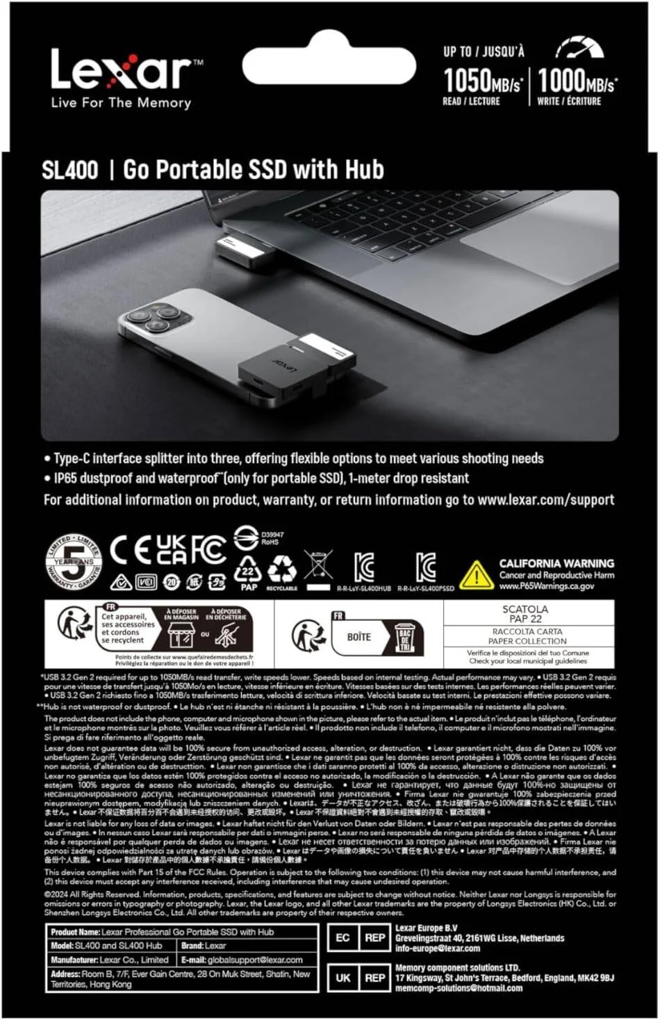 حافظه اس اس دی اکسترنال قابل حمل لکسار پروفشنال Go با هاب، فوق العاده جمع و جور، پشتیبانی از Apple ProRes، سرعت خواندن تا 1050 مگابایت بر ثانیه، USB 3.2 Gen 2، مقاوم در برابر گرد و غبار و آب IP65، برای آیفون 15/16، مشکی