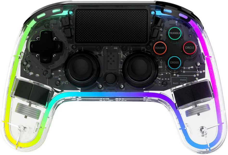 دسته بازی بی‌سیم RGB اسنیک‌بایت مدل GAMEPAD مناسب پلی‌استیشن 4 و پلی‌استیشن 3، دارای جک صوتی 3.5 میلی‌متری، ظرفیت باتری 900 میلی‌آمپر، بلندگوی داخلی | SB922565