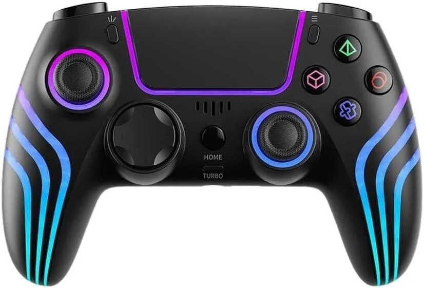 دسته بازی بی‌سیم PS4 Porodo با طراحی ارگونومیک و ژیروسکوپ 6 محوره، باتری 1000 میلی‌آمپر، اتصال بلوتوث 5.3 با برد 10 متر، 8 ساعت (RGB روشن) و 20 ساعت (RGB خاموش)، عملکرد توربو - شفاف