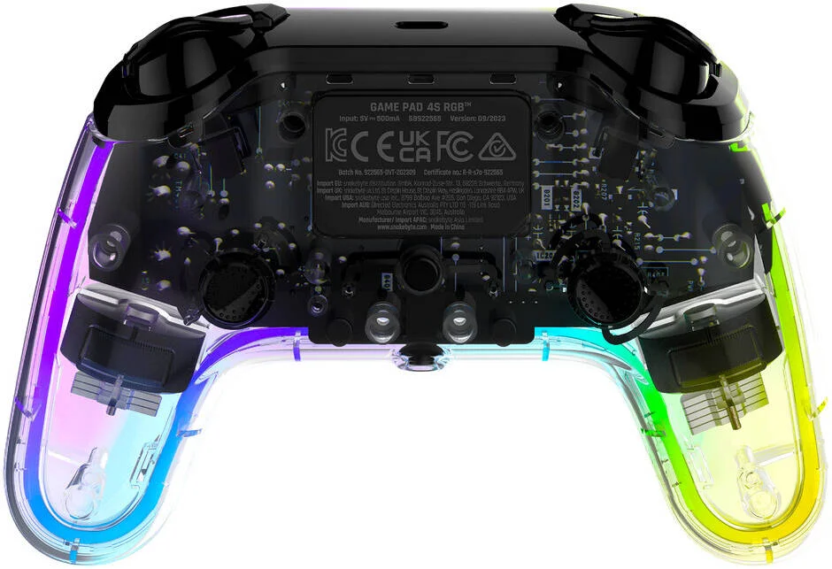 دسته بازی بی‌سیم RGB اسنیک‌بایت مدل GAMEPAD مناسب پلی‌استیشن 4 و پلی‌استیشن 3، دارای جک صوتی 3.5 میلی‌متری، ظرفیت باتری 900 میلی‌آمپر، بلندگوی داخلی | SB922565