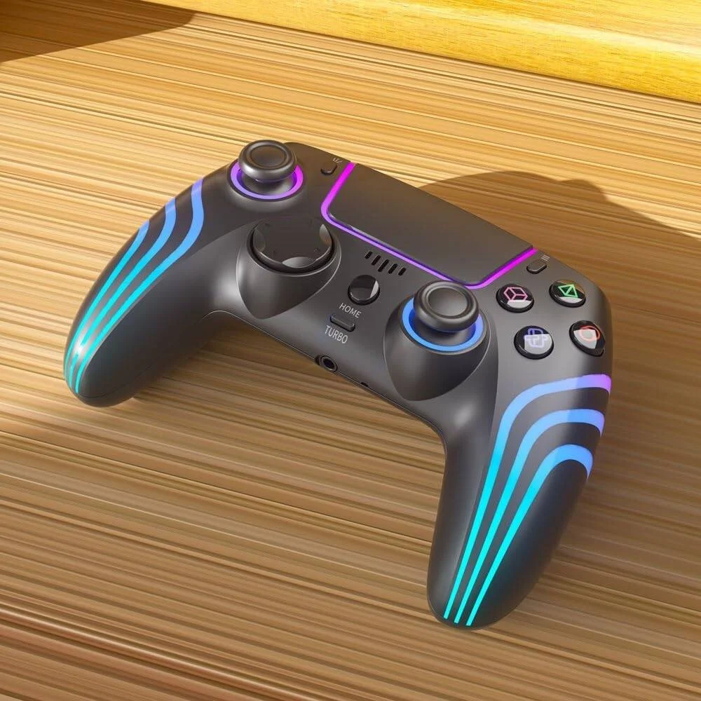 دسته بازی بی‌سیم PS4 Porodo با طراحی ارگونومیک و ژیروسکوپ 6 محوره، باتری 1000 میلی‌آمپر، اتصال بلوتوث 5.3 با برد 10 متر، 8 ساعت (RGB روشن) و 20 ساعت (RGB خاموش)، عملکرد توربو - مشکی