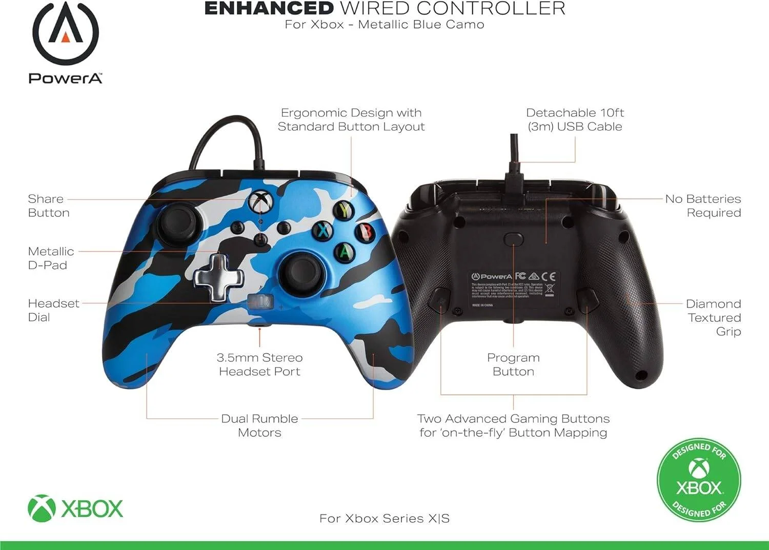 کنترلر سیمی پیشرفته PowerA طرح استتار فلزی آبی (ایکس باکس وان)