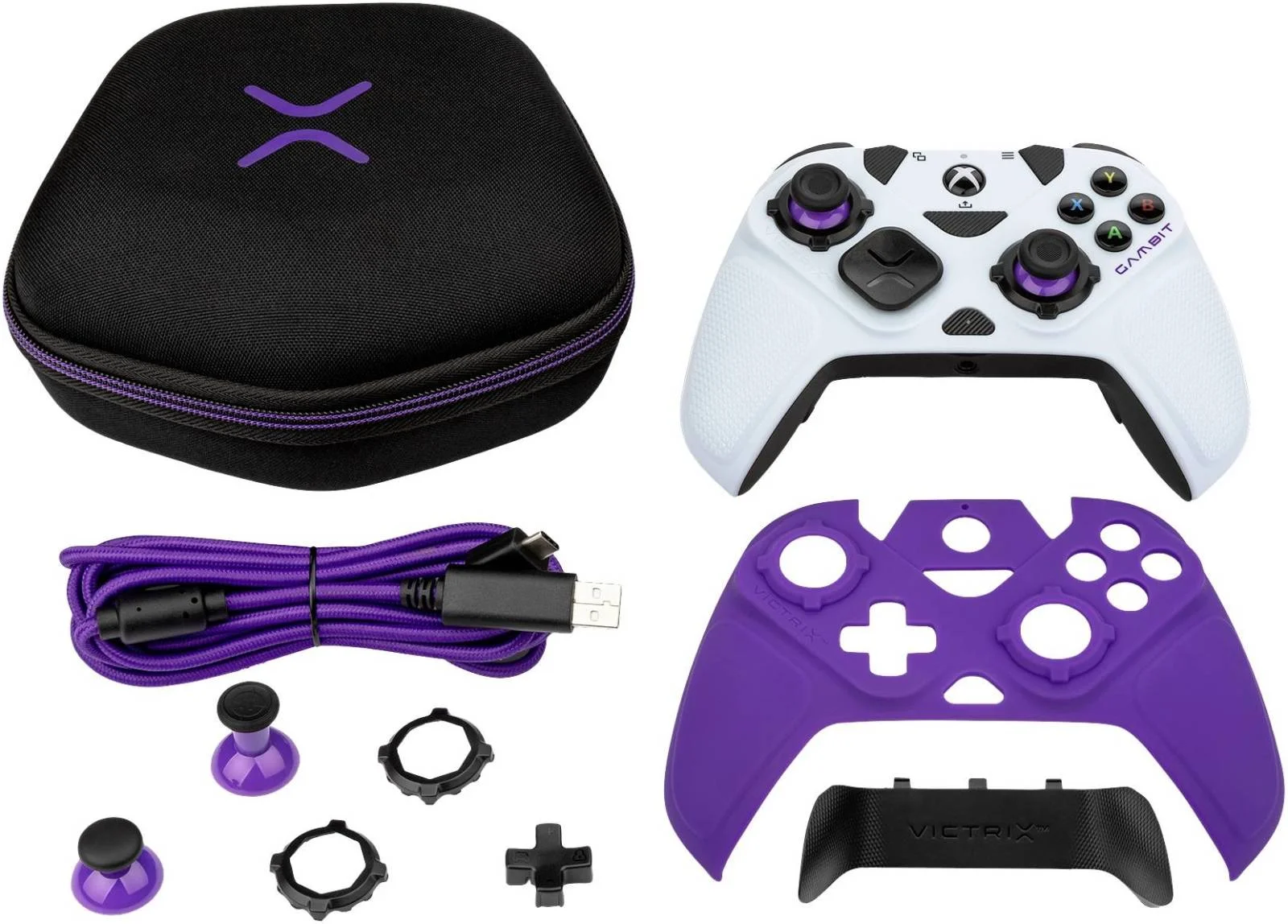 دسته بازی سیمی تورنومنت Victrix Gambit Dual Core PDP Gaming، سازگار با Xbox Series / Xbox One / PC، رابط USB، دارای 14 قطعه قابل تعویض، 5 موقعیت توقف ماشه، سفید | 049-006-EU