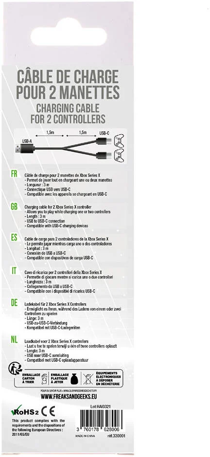 کابل شارژ 3 متری برای 2 دسته سری X با پورت Type C، اتصال USB به USB-C، امکان بازی و شارژ همزمان، سازگار با دستگاه هایی که از طریق USB-C شارژ می شوند، مشکی | 330001