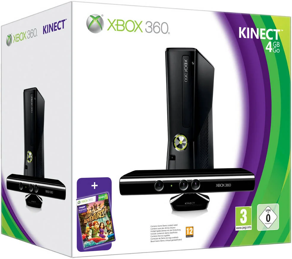 کنسول باندل Microsoft Xbox 360 Slim Kinect، حافظه داخلی 4 گیگابایتی، خروجی HD با رزولوشن 720p/1080i و صدای فراگیر کامل، Wi-Fi داخلی 802.11b/g/n، پورت اترنت، مشکی | 885370235920