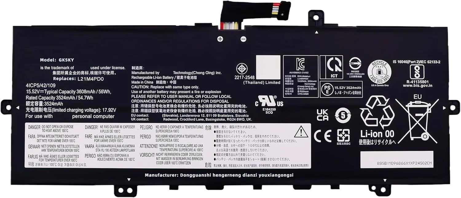 باتری لپ تاپ 56Wh L21M4PD0 جایگزین برای لنوو ThinkBook 13s G4 ARB IAP 2022 13x G2 IAP Plus G4 IRU Series SB11D96866 5B11D96864 SB11N51752 5B11N51725 L21B4PD0 15.52V با عملکرد بالا