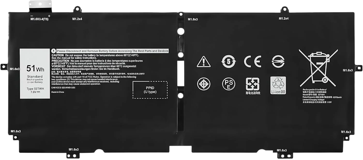 باتری لپ تاپ 51Wh 52TWH جایگزین برای نوت بوک های سری Dell XPS 13 7390 2-in-1 مدل P103G P103G001 P103G002 MM6M8 0MM6M8 XX3T7 0XX3T7، 4 سلولی 7.6 ولت با عملکرد بالا