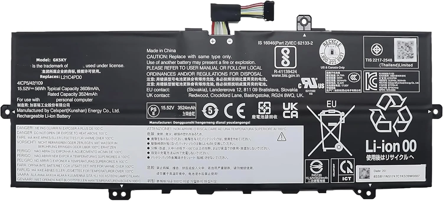 باتری لپ تاپ 56Wh L21M4PD0 L21B4PD0 L21C4PD0 جایگزین برای لنوو ThinkBook 13S G4 ARB IAP، ThinkBook 13X G2 IAP، ThinkBook Plus G4 IRU Series 5B11D96862 5B11D96865 با عملکرد بالا