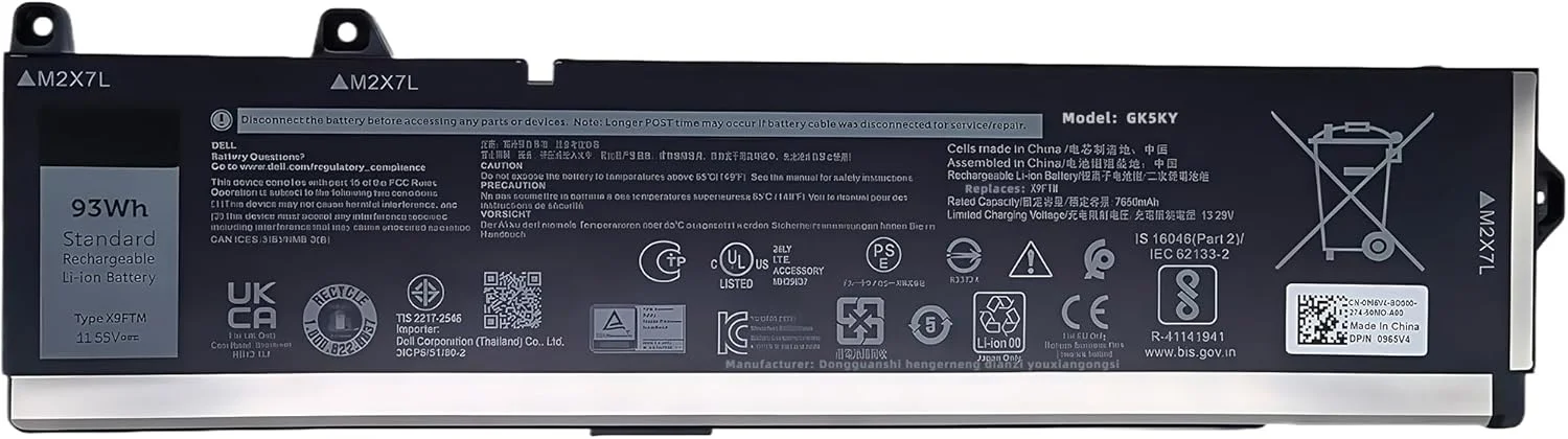 باتری لپ تاپ 93wh X9FTM RCVVT جایگزین برای دل سری های Precision 7770 7670 7780 7680 مدل های P114F P114F001 P114F002 P115F P115F001 P115F002 05JMD8 5JMD8 0965V4 965V4 0NWDC0 0X26RT با عملکرد بالا