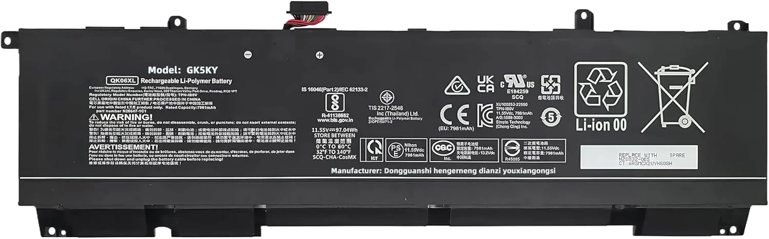 باتری لپ تاپ جایگزین QK06XL N28832-005 با ظرفیت 97.04Wh برای HP برای Omen Transcend 16-u0000ci 16-u0020nw 16-u0077ng 16-u1000nt 16-u1095ng 16-u1900nz 16-u0001TX سری TPN-IB0V N28647-1C1 با عملکرد بالا