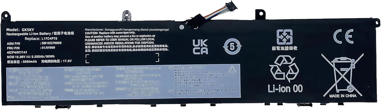 باتری لپ تاپ 80Wh مدل L17C4P72 جایگزین برای لنوو ThinkPad X1 Extreme نسل 1/2 P1 نسل 1/2 سری L17M4P72 01AY968 01AY969 L18M4P71 01YU911 5B10V98091 SB10Q76929 با عملکرد بالا