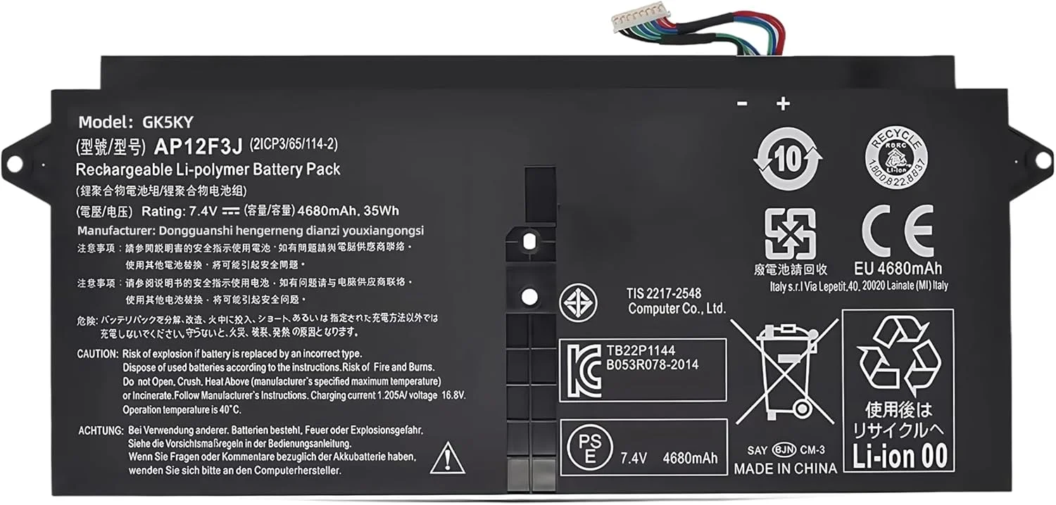 باتری جایگزین لپ‌تاپ/نوت‌بوک 35WH AP12F3J برای سری Acer Aspire 13.3" S7 Ultrabook S7-391 S7-391-53334G12aws 2ICP3/65/114-2 با عملکرد بالا