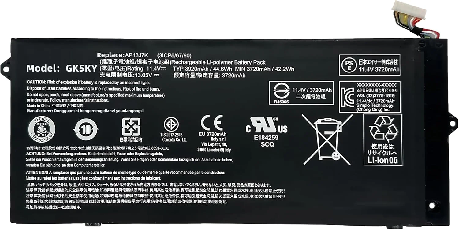 باتری لپ تاپ 44.6Wh AP13J7K، 3920mAh، 3 سلولی، 11.4 ولت، جایگزین برای ایسر Chromebook 514 CB514-1H CB514-1HT / برای ChromeBook C740 Series KT.00307.006 KT.00307.007 با عملکرد بالا باتری لپ تاپ 44.6Wh AP13J7K، 3920mAh، 3 سلولی، 11.4 ولت، جایگزین برای ایسر Chromebook 514 CB514-1H CB514-1HT / برای ChromeBook C740 Series KT.00307.006 KT.00307.007 با عملکرد بالا