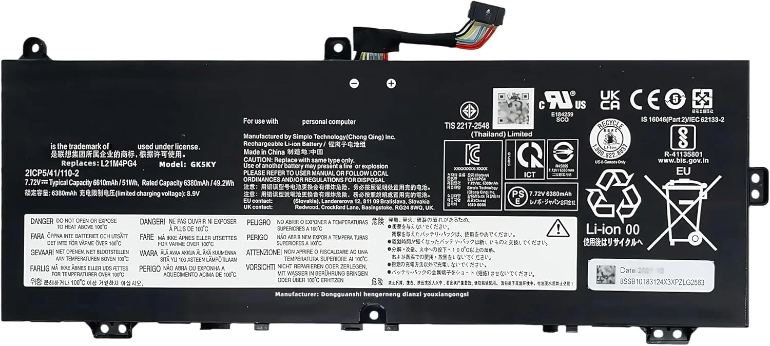 باتری لپ تاپ 51Wh L21M4PG4 L21D4PG4، 6610mAh، 4 سلولی، 7.72V، جایگزین برای Lenovo Flex 5 برای Chrome 14IAU7 / برای IdeaPad Flex 5 Chrome 14IAU7 / برای IdeaPad Flex 5 14IRU7 سری با عملکرد بالا