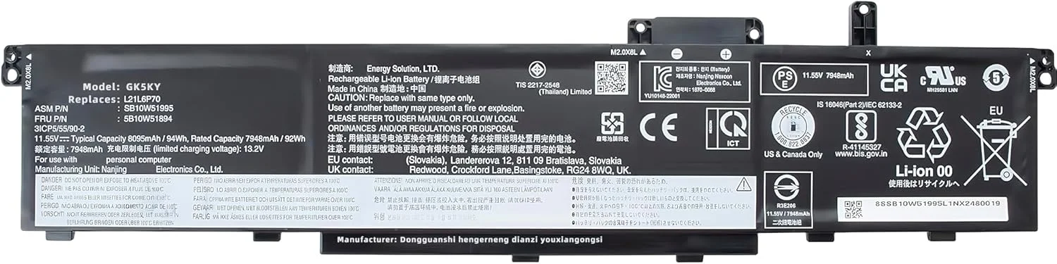 باتری لپ تاپ 94Wh L21L6P70 با ظرفیت 8095mAh و ولتاژ 11.55V جایگزین برای لنوو ThinkPad P16 Gen 1/2 / ThinkPad P14s Gen 5 Series مدل های L21M6P70 L22M6P70 L22L6P70 با عملکرد بالا