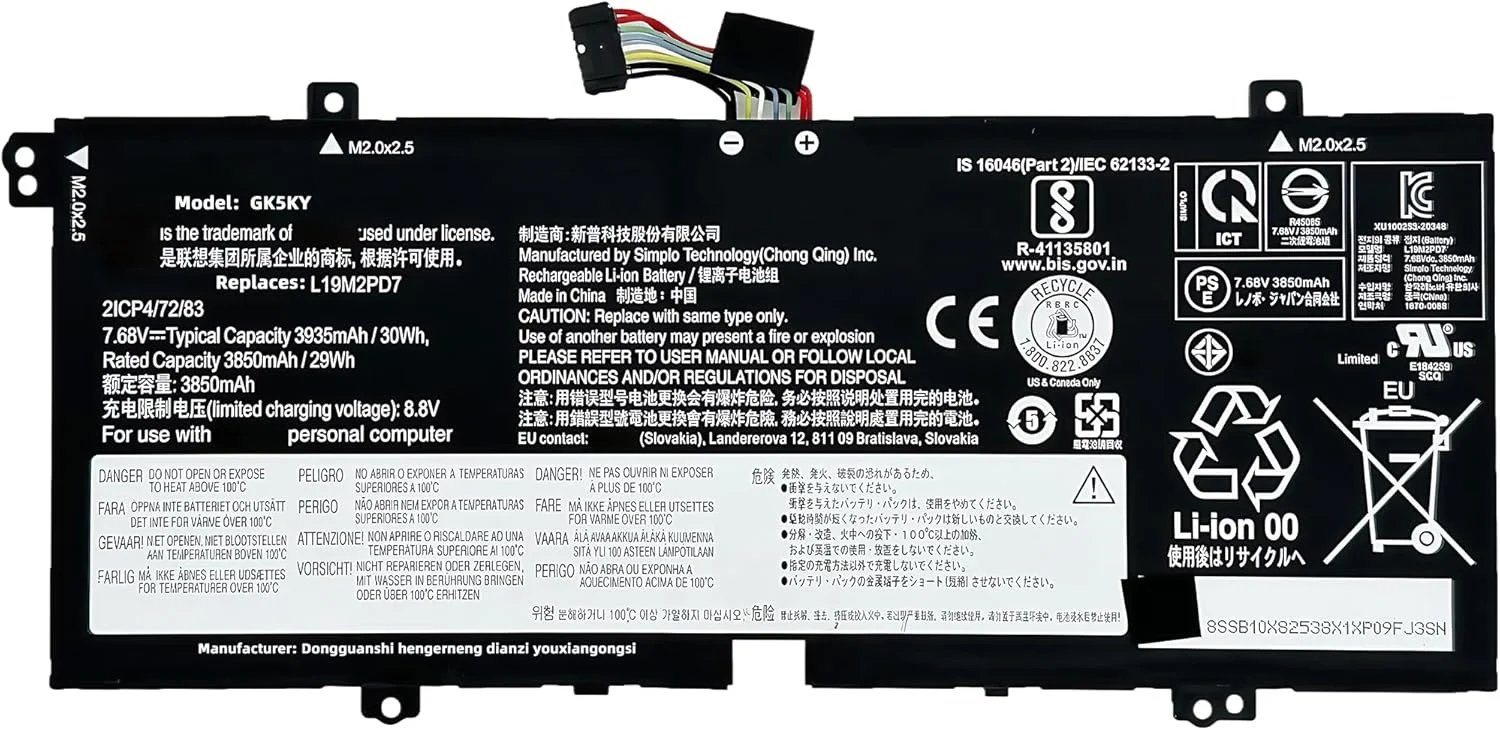 باتری لپ تاپ 30Wh L19M2PD7 با ظرفیت 3935mAh، 2 سلولی و 7.68 ولت، جایگزین برای لنوو Ideapad Duet 3-10IGL5 82AT 82HK سری L19C2PD7 با عملکرد بالا