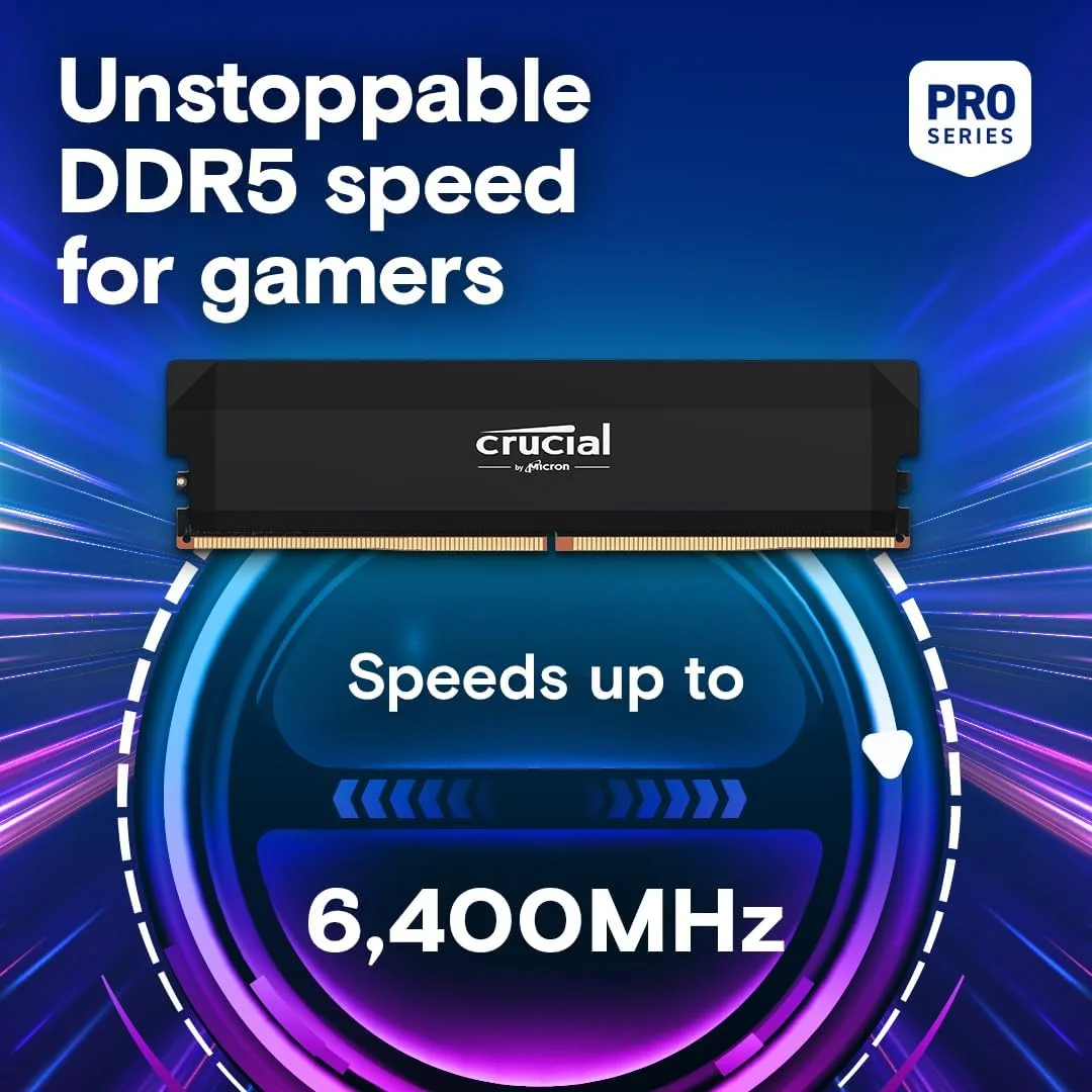 کیت رم 64 گیگابایتی Crucial Pro DDR5 (دو عدد 32 گیگابایتی) 6400 مگاهرتز CL40، حافظه گیمینگ دسکتاپ با قابلیت اورکلاک، سازگار با Intel XMP 3.0 و AMD Expo - مشکی CP2K32G64C40U5B