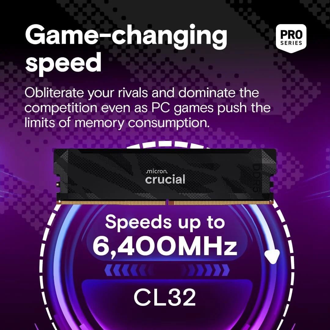 کیت رم ۳۲ گیگابایتی Crucial Pro DDR5 (دو عدد ۱۶ گیگابایتی)، ۶۴۰۰ مگاهرتز CL32، حافظه گیمینگ دسکتاپ با قابلیت اورکلاک، سازگار با Intel XMP 3.0 و AMD Expo، مشکی - CP2K16G64C32U5B