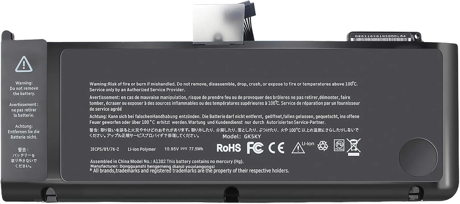 باتری 77.5Wh A1382 برای مک بوک پرو 15 اینچی Core i7 (فقط برای اوایل 2011، اواخر 2011، اواسط 2012) 15 اینچی برای مک بوک پرو 8,2 9,1 A1286 MC721LL/A MC723LL/A MD035LL/A با عملکرد بالا