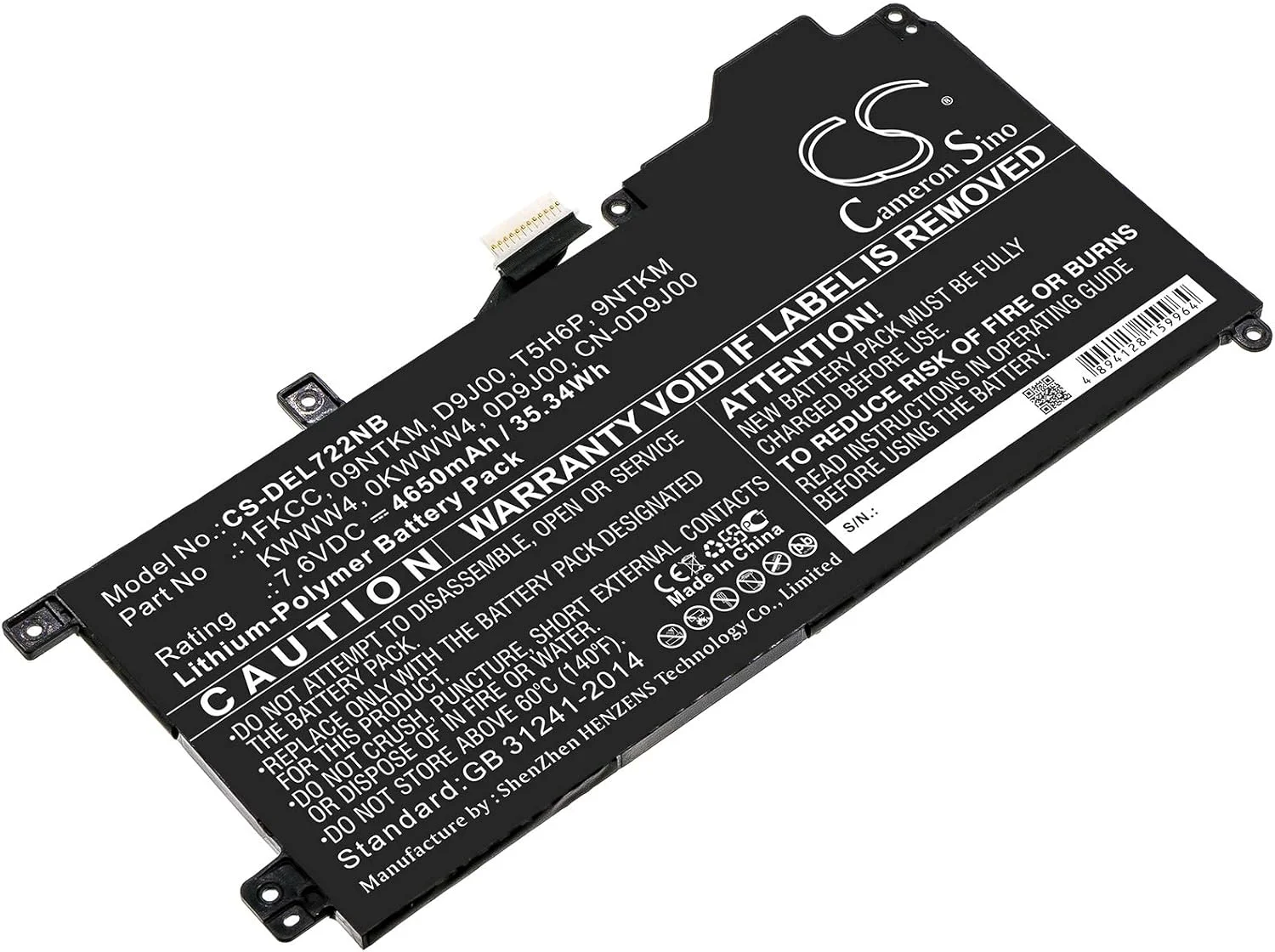 باتری جایگزین جدید Cameron Sino CS برای Latitude 12 7200، Latitude 7200 2-in-1 (4650mAh) 09NTKM، 0D9J00، 0KWWW4، 1FKCC، 9NTKM، CN-0D9J00، D9J00، KWWW4، T5H6P