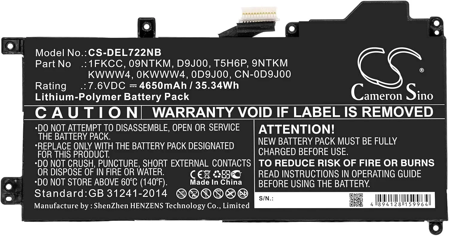 باتری جایگزین جدید Cameron Sino CS برای Latitude 12 7200، Latitude 7200 2-in-1 (4650mAh) 09NTKM، 0D9J00، 0KWWW4، 1FKCC، 9NTKM، CN-0D9J00، D9J00، KWWW4، T5H6P