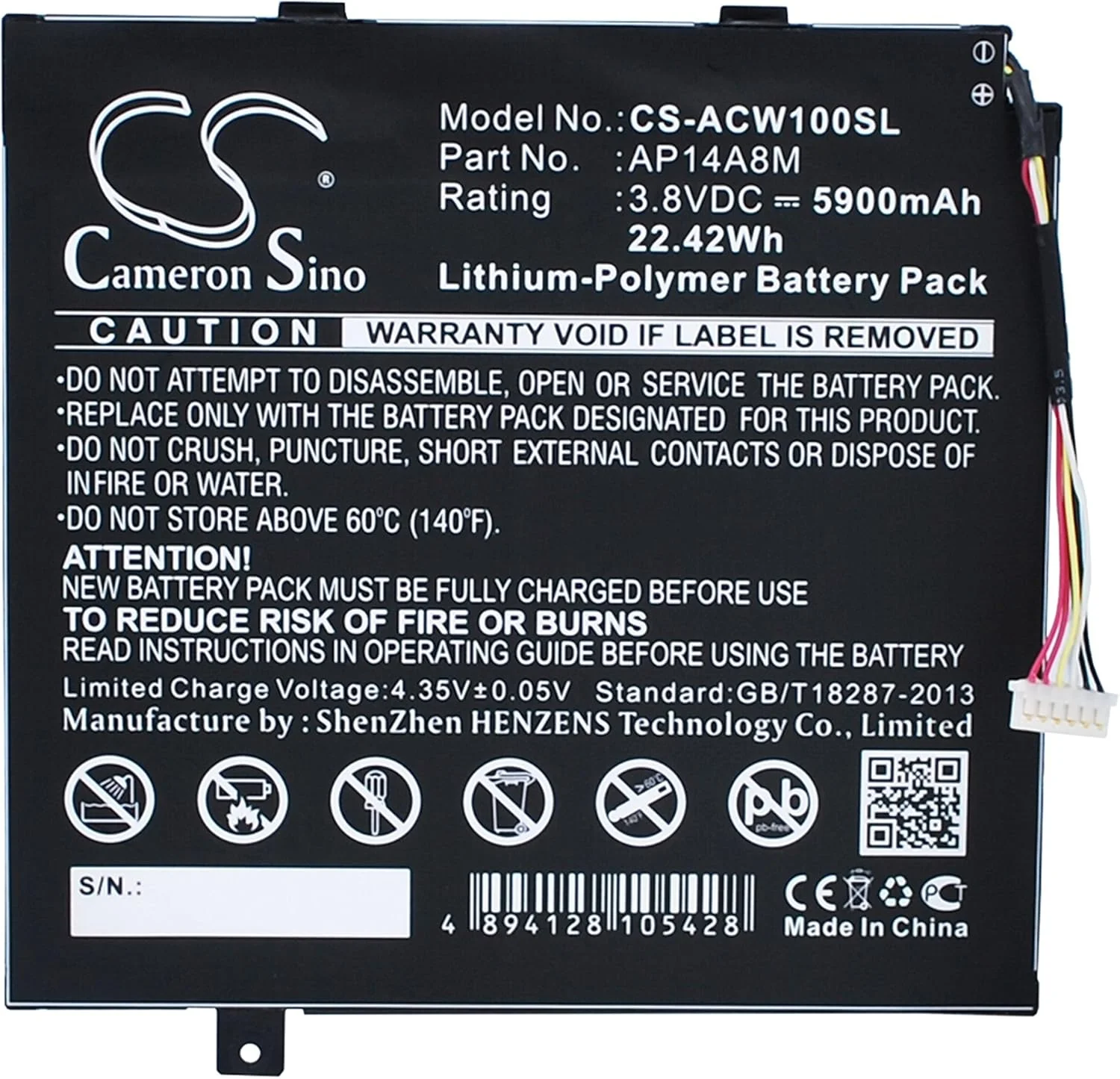 باتری قابل شارژ جدید Cameron Sino AQQXING برای A3-A20، A3-A20FHD، A3-A30، Aspire SW5-011، Aspire SW5-012، Switch 10E(SW3-013-19Q9)، Switch 11V (5900mAh) AP14A4M، AP14A8M، KT.0020G.004