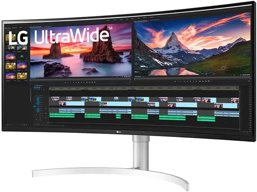 مانیتور ال‌جی 38WN95C-W سایز 38 اینچ خمیده UltraWide QHD+ (3840 x 1600) با پنل Nano IPS، درگاه Thunderbolt 3، زمان پاسخ‌دهی 1 میلی‌ثانیه، نرخ تازه‌سازی 144 هرتز، NVIDIA G-SYNC، AMD FreeSync - سفید/نقره‌ای