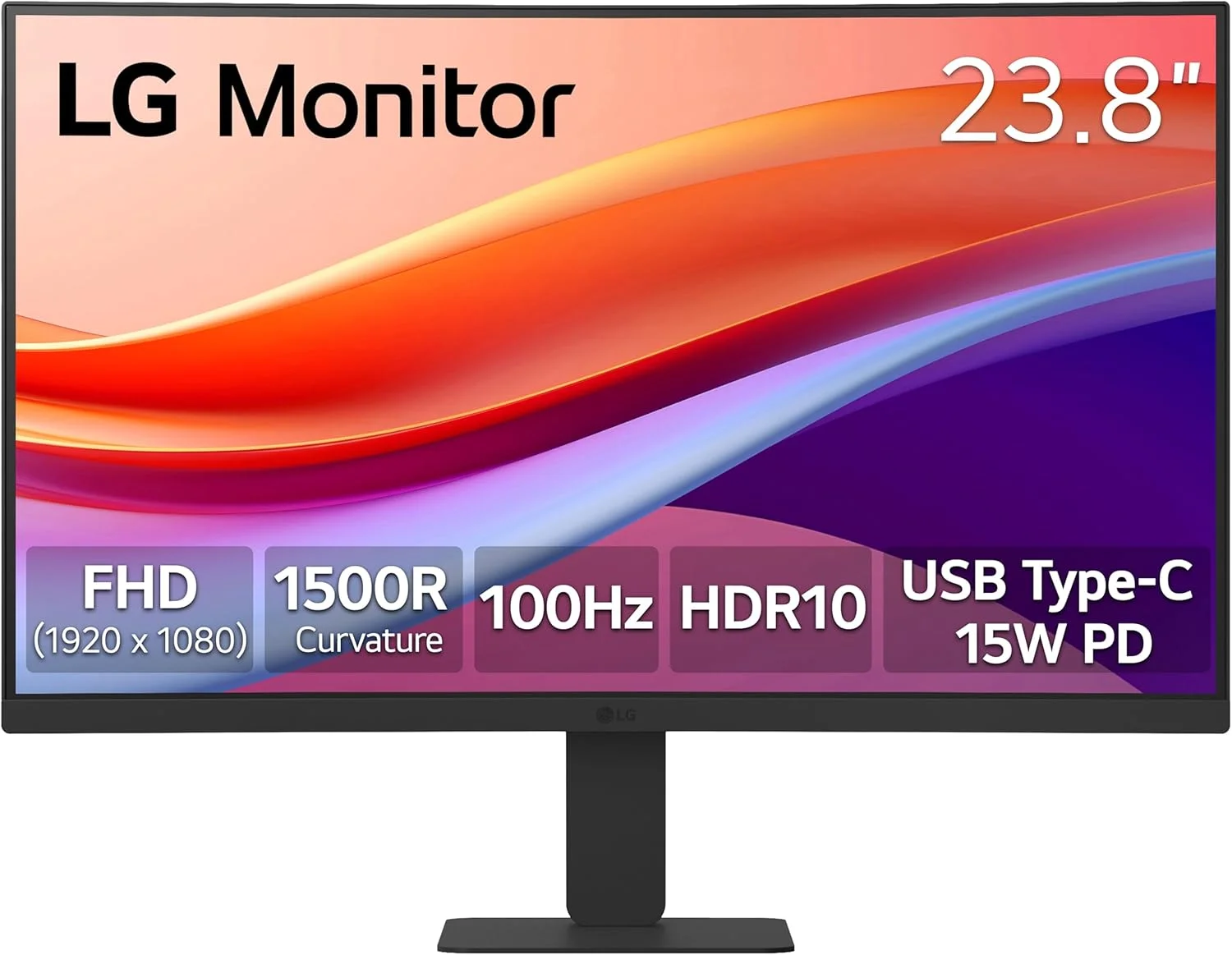 مانیتور خمیده 24 اینچی ال‌جی مدل 24U421A-B با کیفیت Full HD (1920 x 1080)، نرخ تازه‌سازی 100 هرتز، زمان پاسخگویی 5 میلی‌ثانیه، HDR10، طراحی بدون حاشیه در 3 طرف، سوییچ، HDMI، USB Type-C با توان 15 وات PD، پایه باریک با قابلیت تنظیم شیب، رنگ مشکی