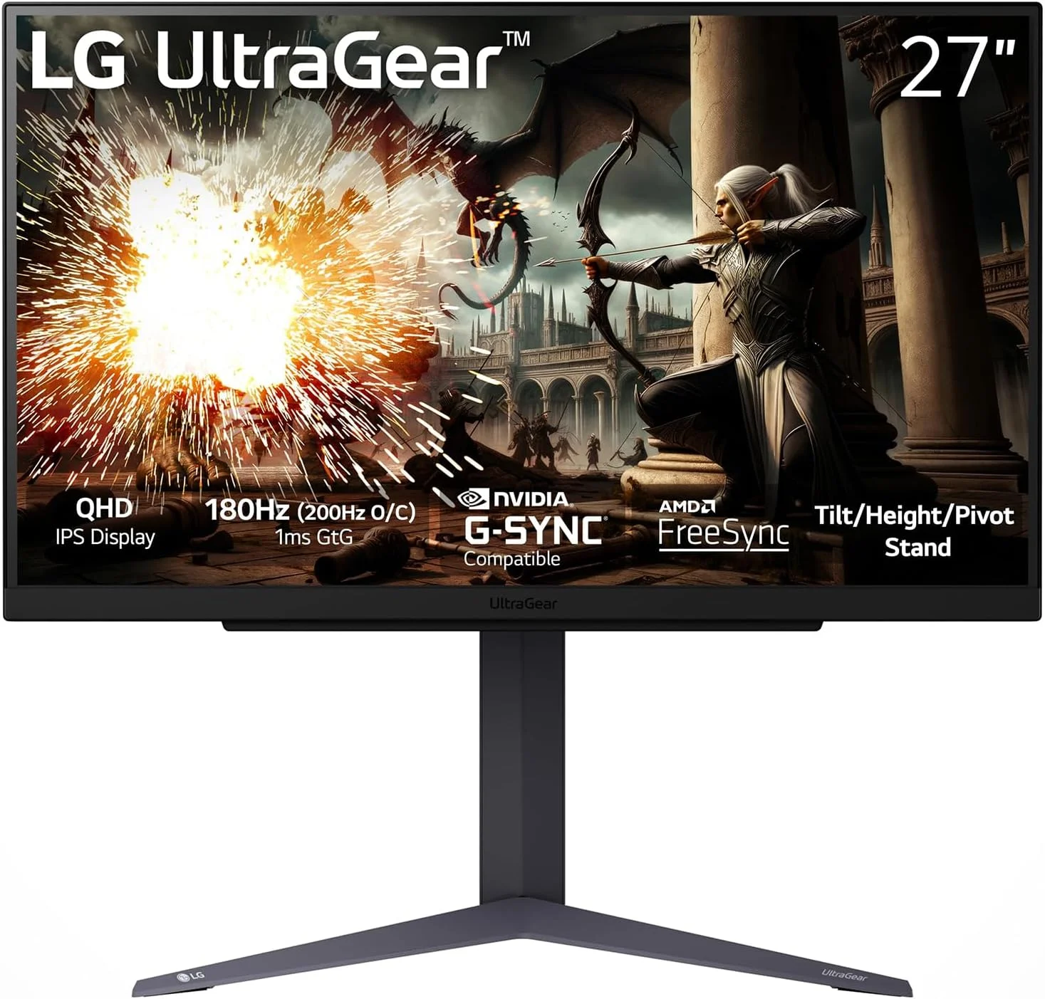 مانیتور گیمینگ 27 اینچی LG مدل 27GS75QX-B Ultragear QHD (2560x1440)، نرخ نوسازی 180 هرتز (قابل ارتقا تا 200 هرتز)، زمان پاسخگویی 1 میلی‌ثانیه، پنل IPS، سازگار با NVIDIA G-SYNC، AMD FreeSync، HDR10، پایه با قابلیت تنظیم ارتفاع/شیب/چرخش، HDMI، DisplayPort، مشکی