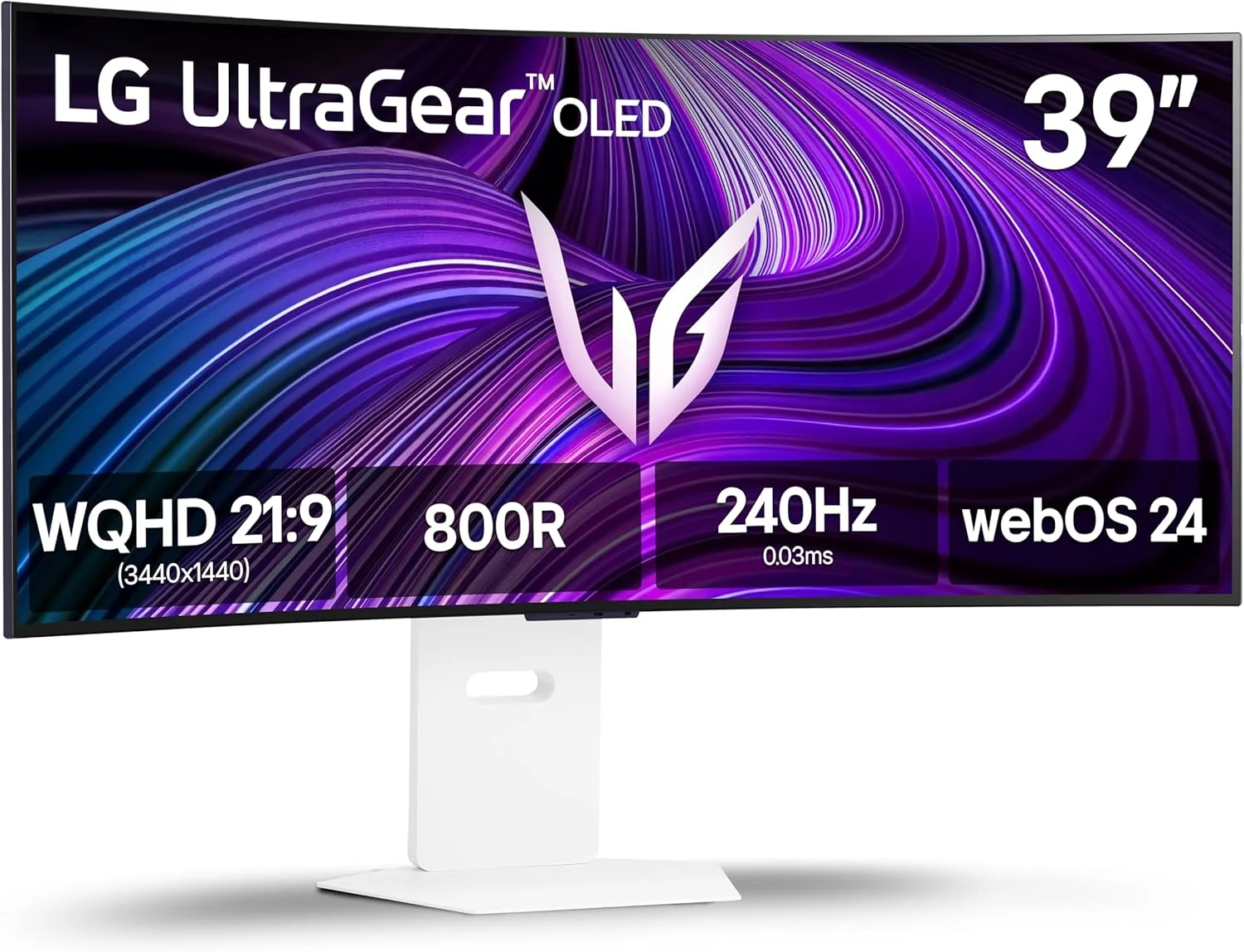 مانیتور گیمینگ خمیده 39 اینچی LG 39GX90SA-W Ultragear WQHD (3440 x 1440) OLED با نرخ نوسازی 240 هرتز، زمان پاسخگویی 1 میلی‌ثانیه، سازگار با NVIDIA G-Sync، AMD FreeSync Premium، VESA DisplayHDR True Black 400، webOS، USB Type-C، سفید