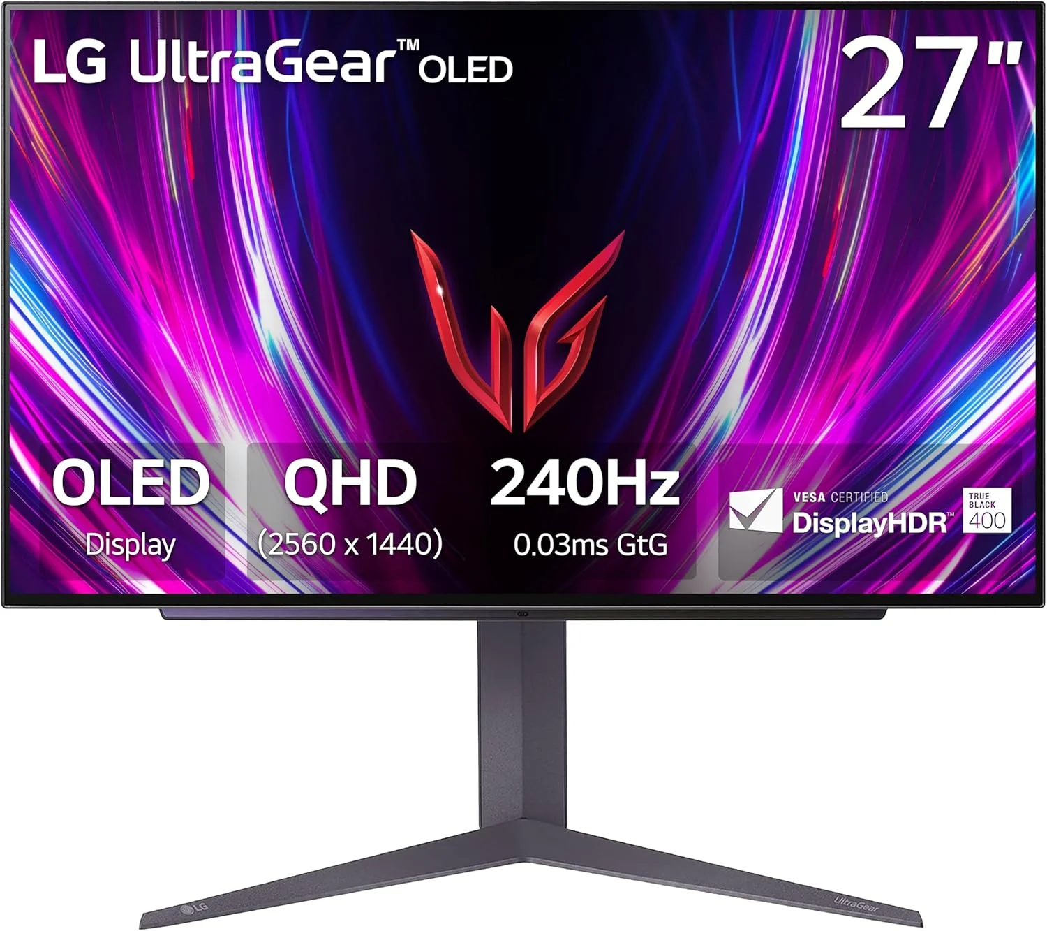مانیتور گیمینگ 27 اینچی LG مدل ‎27GS93QE Ultragear OLED، کیفیت QHD 1440p، نرخ تازه‌سازی 240 هرتز، زمان پاسخ‌گویی 0.03 میلی‌ثانیه، DisplayHDR True Black 400، AMD FreeSync Premium Pro، NVIDIA G-Sync، HDMI 2.1، DisplayPort، پایه با قابلیت تنظیم ارتفاع/شیب/چرخش، رنگ مشکی