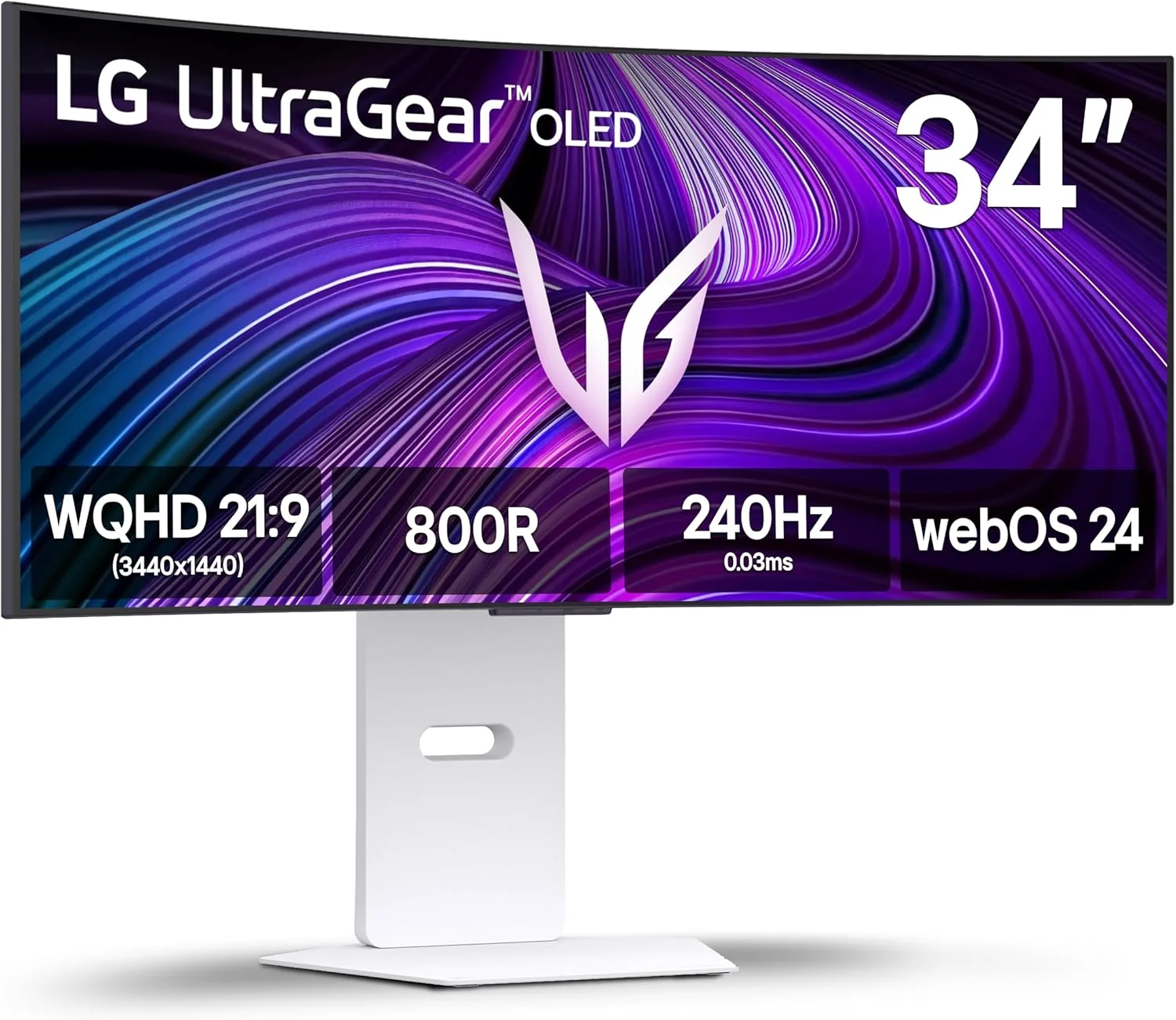 مانیتور گیمینگ خمیده 34 اینچی LG 34GX90SA-W Ultragear WQHD (3440 x 1440) OLED با نرخ تازه سازی 240 هرتز، زمان پاسخگویی 1 میلی ثانیه، سازگار با NVIDIA G-Sync، AMD FreeSync Premium، VESA DisplayHDR True Black 400، webOS، USB Type-C، سفید