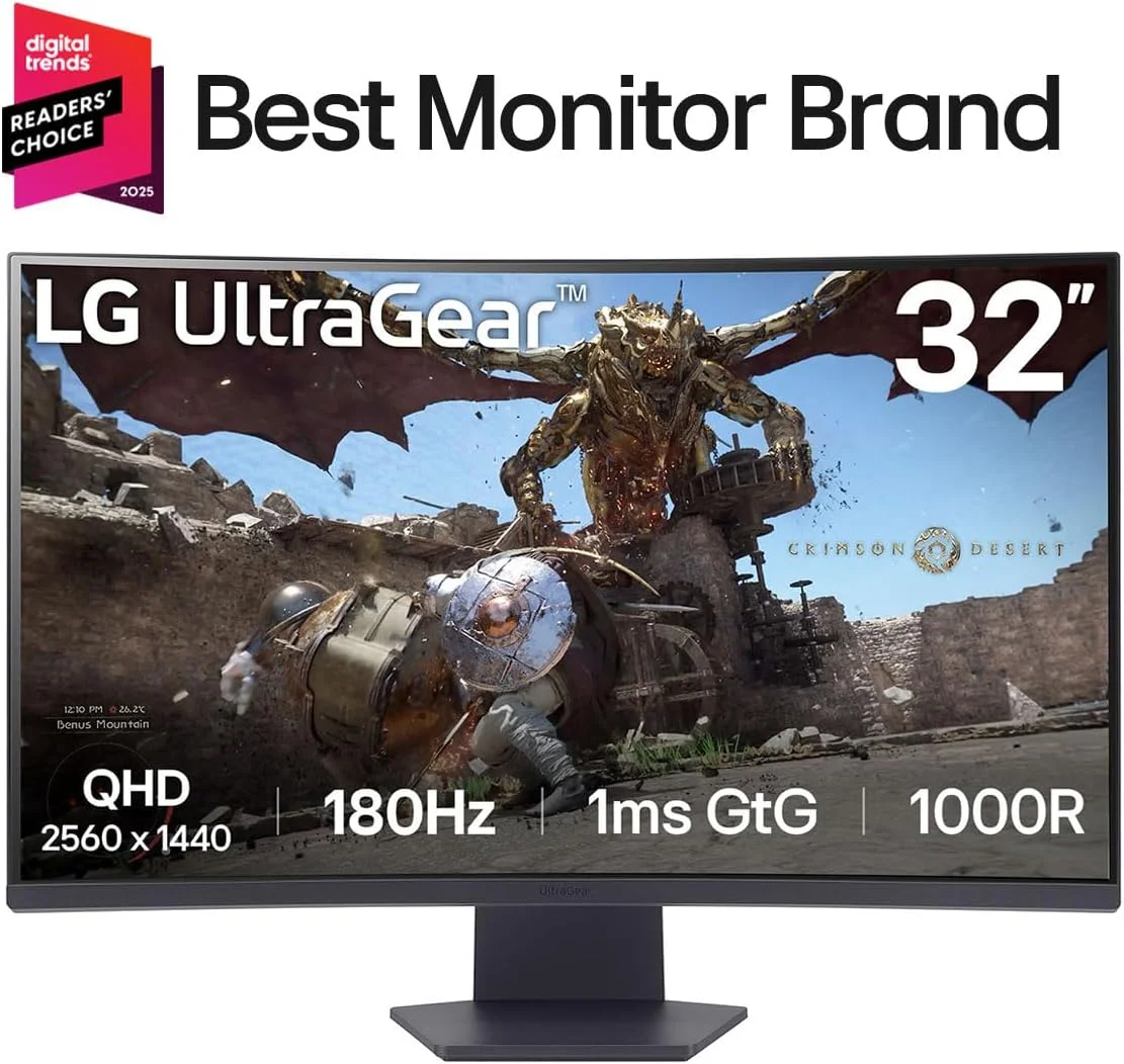 مانیتور گیمینگ خمیده 32 اینچی LG مدل 32GS60QC-B Ultragear QHD (2560x1440) با نرخ تازه‌سازی 180 هرتز، زمان پاسخ‌گویی 1 میلی‌ثانیه، انحنای 1000R، AMD FreeSync، HDR10، درگاه HDMIx2، درگاه DisplayPort، طراحی بدون حاشیه، Black Stabilizer، DAS، Crosshair، FPS Counter - مشکی
