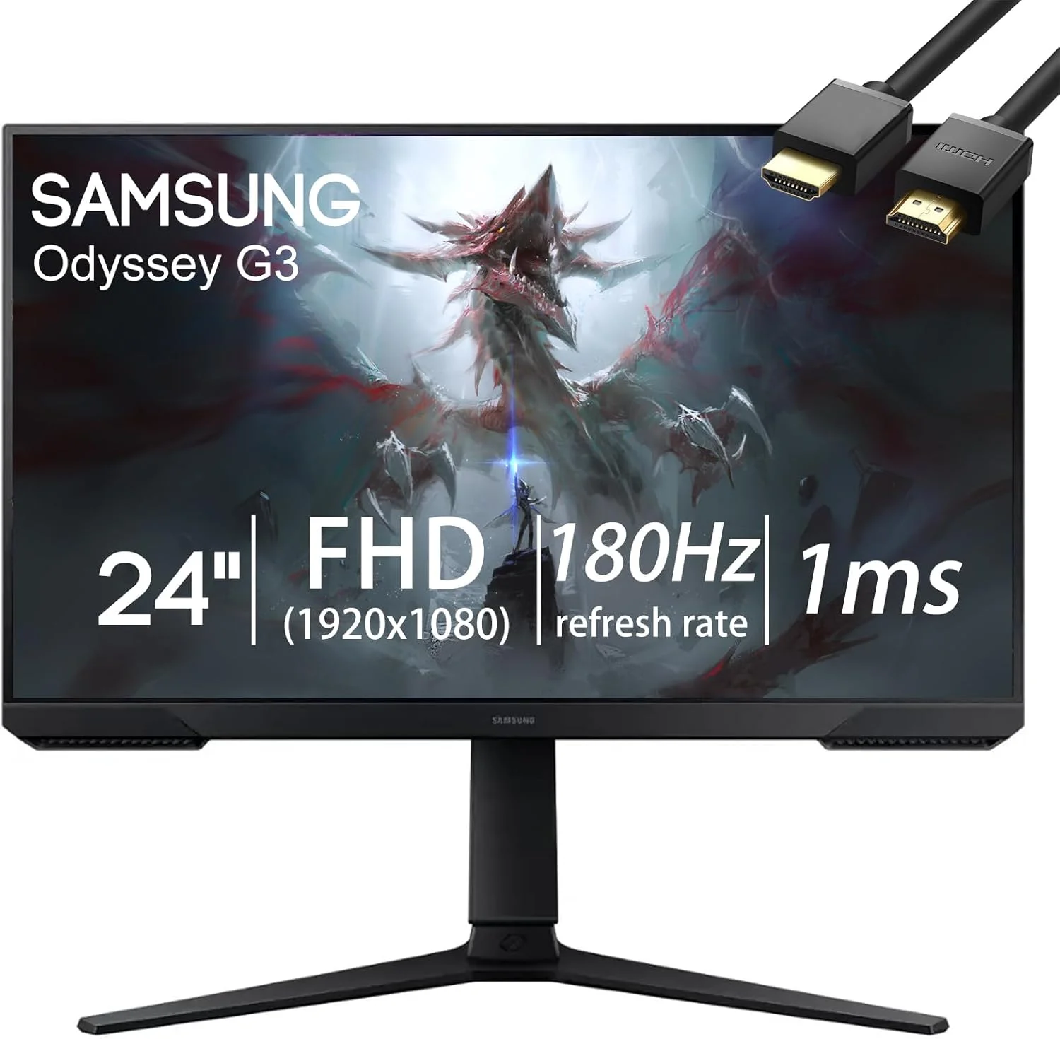 مانیتور گیمینگ سری Samsung Odyssey G3، ۲۴ اینچ FHD ۱۸۰ هرتز ۱ میلی‌ثانیه LED بدون پرش تصویر با قابلیت محافظت از چشم، AMD FreeSync، پایه قابل تنظیم، Black Equalizer، Virtual Aim Point، HDMI، DisplayPort، به همراه کابل HDMI
