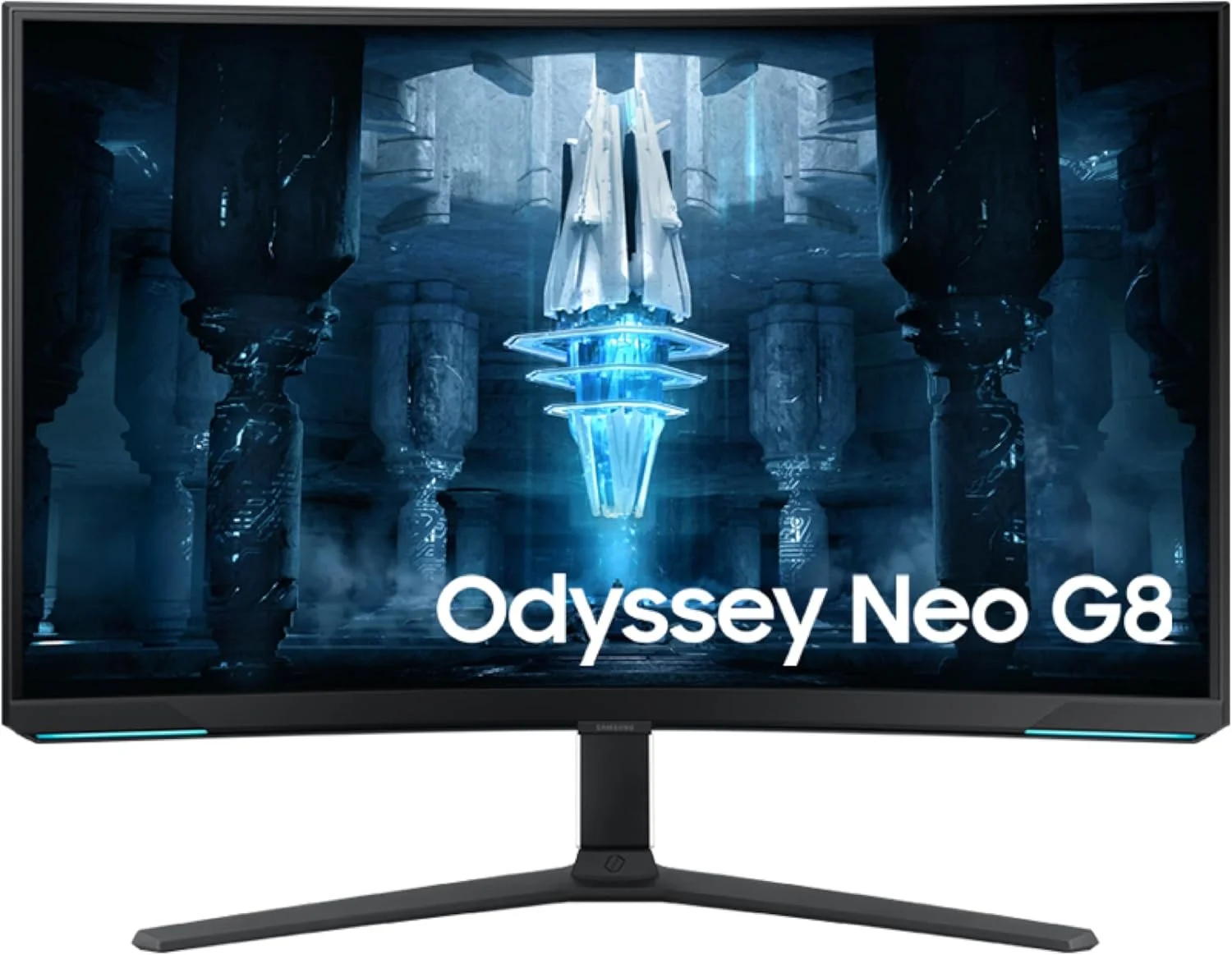 مانیتور گیمینگ خمیده 32 اینچی سامسونگ Odyssey Neo G8 (G85NB) با کیفیت 4K UHD، نرخ نوسازی 240 هرتز، زمان پاسخگویی 1 میلی‌ثانیه، انویدیا G-Sync، انحنای 1000R، فناوری Quantum HDR2000، AMD FreeSync Premium Pro، صفحه نمایش مات، DisplayPort، مشکی و سفید، مدل LS32BG852NNXGO