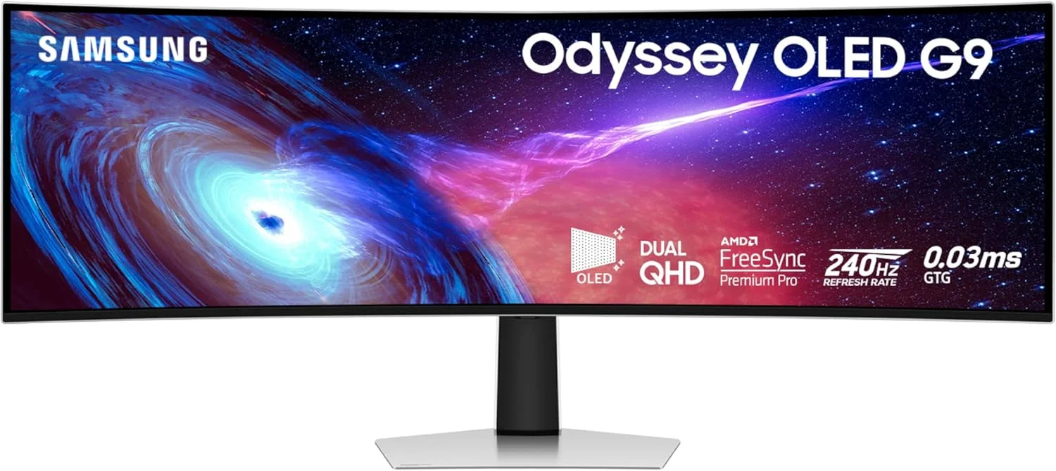 مانیتور گیمینگ خمیده 49 اینچی سامسونگ Odyssey OLED (G93SC) با فناوری QD-OLED، نرخ تازه‌سازی 240 هرتز، زمان پاسخ‌دهی 0.03 میلی‌ثانیه، DQHD، سازگار با G-Sync، AMD FreeSync Premium Pro، پایه قابل تنظیم ارتفاع، LS49CG932SNXZA
