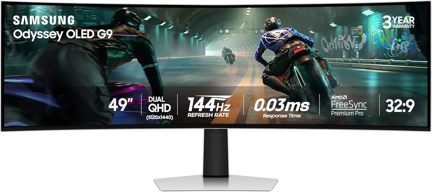 مانیتور گیمینگ خمیده 49 اینچی Samsung Odyssey OLED G9 (G91SD) Dual QHD QD-OLED سازگار با G-Sync، نرخ نوسازی 144 هرتز، زمان پاسخگویی 0.03 میلیثانیه، AMD FreeSync Premium Pro، پایه ارگونومیک، LS49DG910SNXZA، 2024 مانیتور گیمینگ خمیده 49 اینچی Samsung Odyssey OLED G9 (G91SD) Dual QHD QD-OLED سازگار با G-Sync، نرخ نوسازی 144 هرتز، زمان پاسخگویی 0.03 میلیثانیه، AMD FreeSync Premium Pro، پایه ارگونومیک، LS49DG910SNXZA، 2024