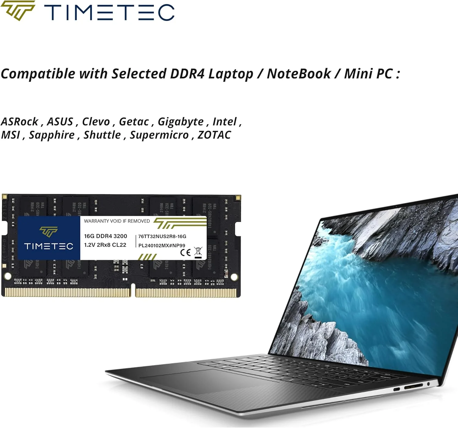 کیت ۳۲ گیگابایتی (۲x۱۶ گیگابایت) Timetec Premium DDR4 3200MHz (یا ۲۹۳۳MHz یا ۲۶۶۶MHz) PC4-25600 Non-ECC Unbuffered 1.2V CL22 2Rx8 Dual Rank 260 Pin SODIMM مناسب برای ارتقا رم کامپیوتر، لپ تاپ و نوت بوک