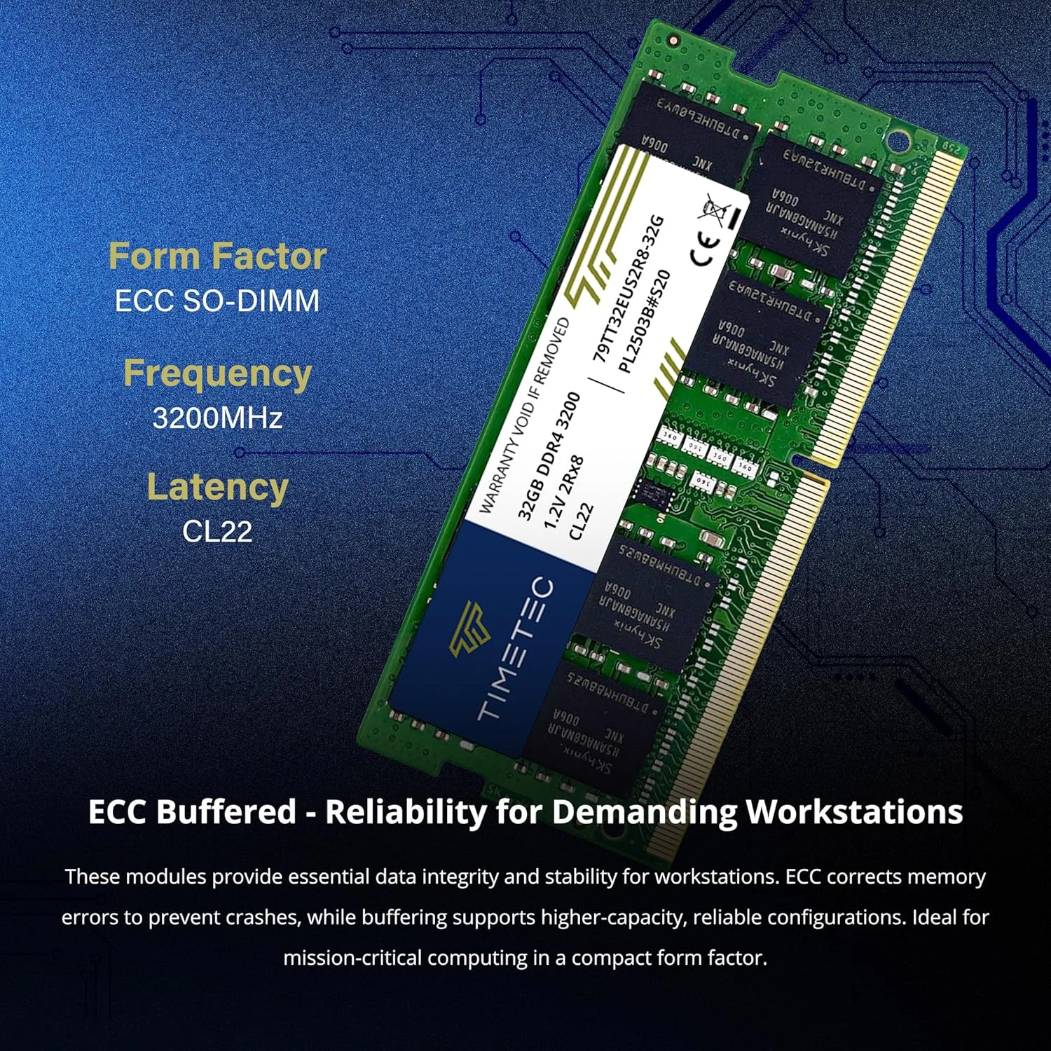 کیت 64 گیگابایتی (2x32 گیگابایتی) Timetec Hynix IC DDR4 3200MHz PC4-25600 Unbuffered ECC UDIMM 1.2V CL22 2Rx8 Dual Rank 260 Pin SODIMM ارتقاء ماژول رم حافظه