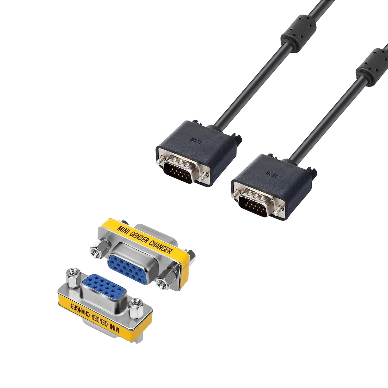 مبدل VGA ENUODA بسته 2 عددی، اتصال دهنده VGA SVGA 15 پین مادگی به مادگی آداپتور تغییر دهنده مینی و کابل VGA به VGA 15 پین نر به نر، کابل سیم مانیتور کامپیوتر، 1.5 متر، مشکی