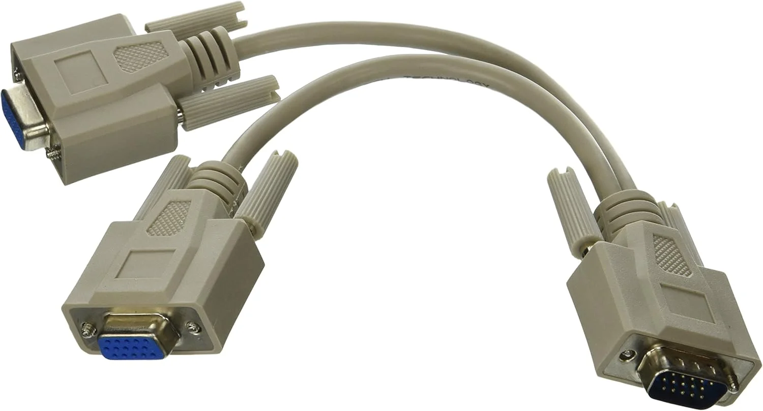 کابل تبدیل VGA Y، یک HD15 VGA نر به دو کانکتور مادگی HD15 VGA روی کابل Y مانیتور، سیم تقسیم کننده VGA با شیلد تکی 28 AWG، بژ، 8 اینچ